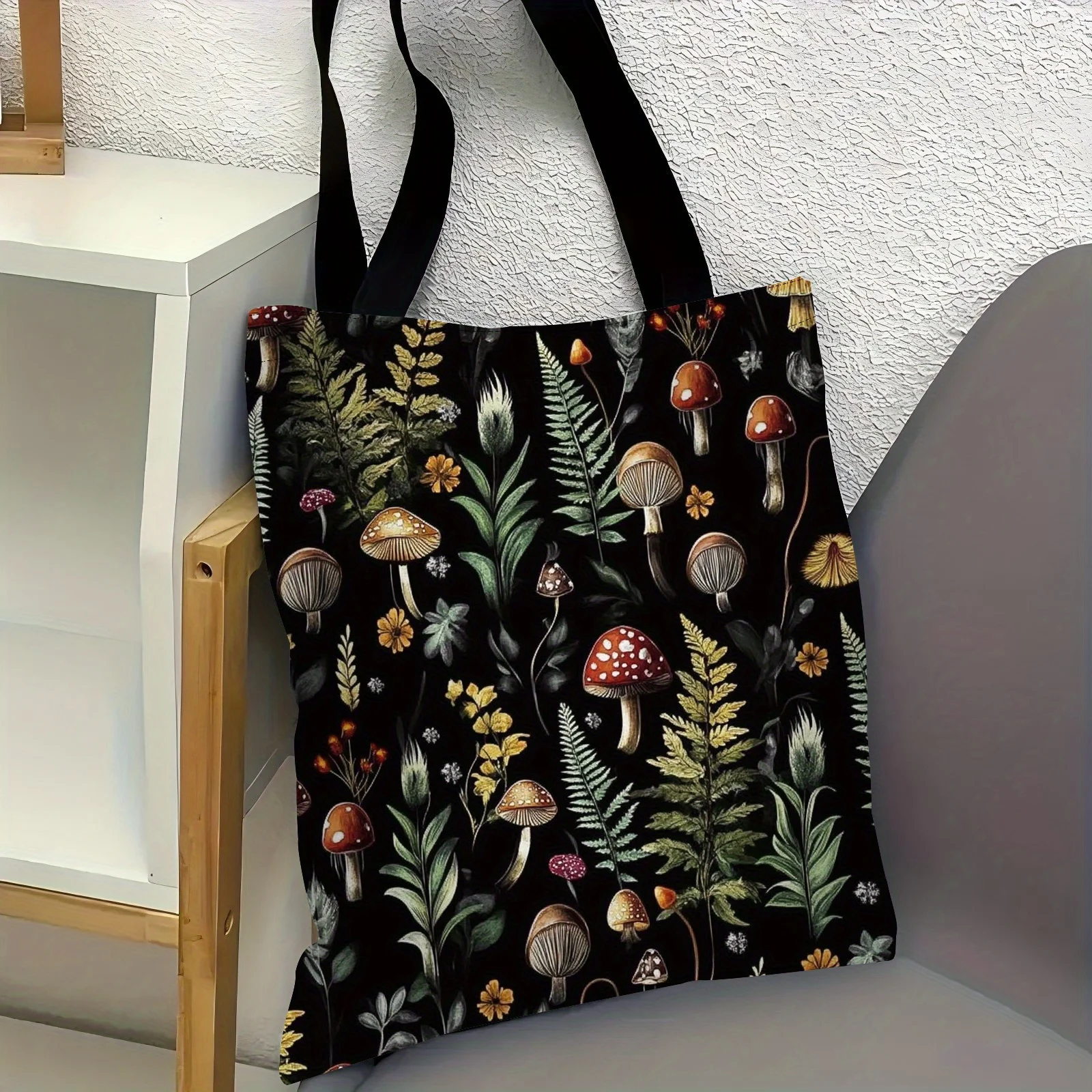 Enchanted Forest Mushroom & Fern Handbag High-Quality Polyester Dark Botanical Design with Toadstools & Foliagefor Grocery Bag
