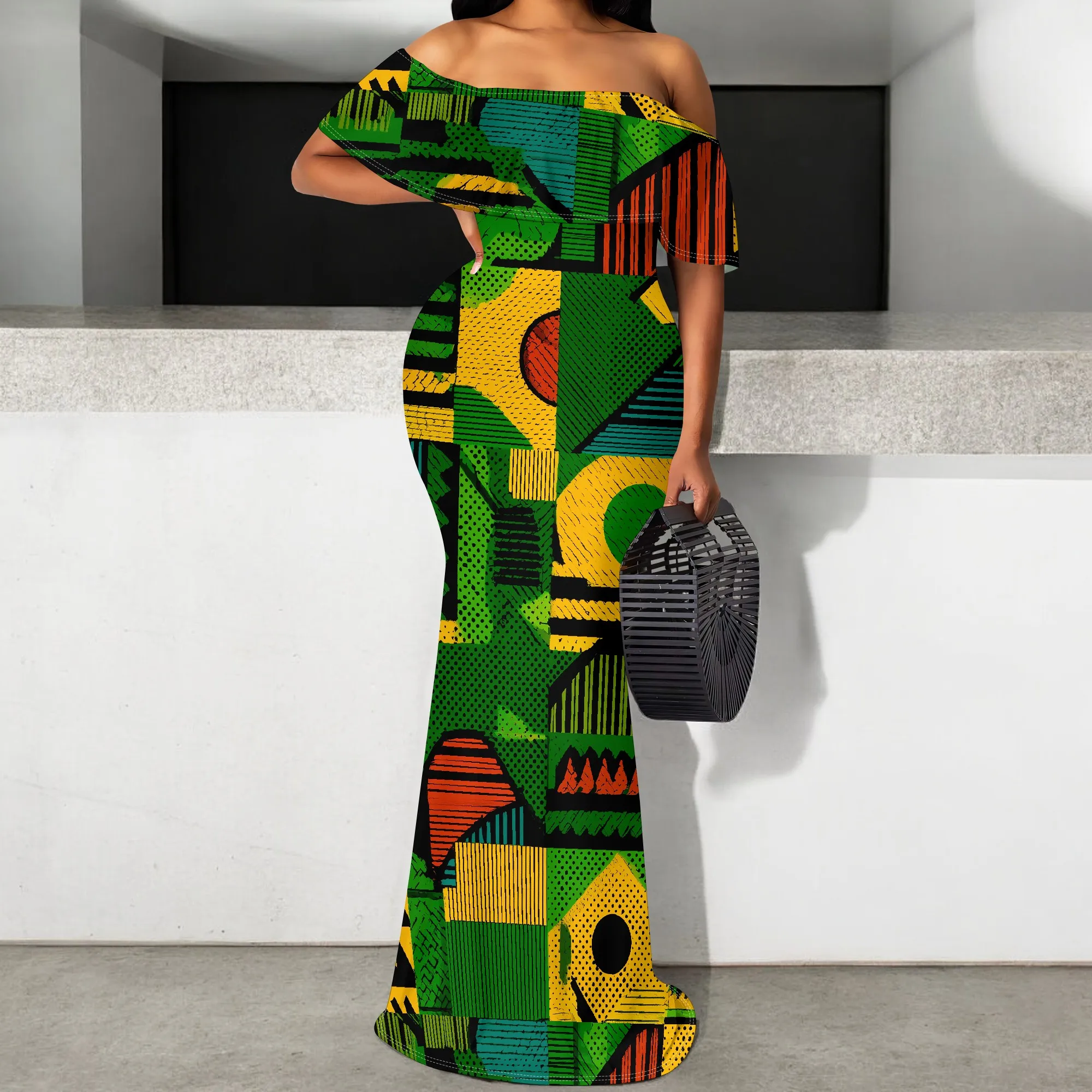 

African Style Kente Print Off Shoulder Maxi Dress Elegant Mermaid Hem Bodycon Party Wedding Guest Dress S-3XL