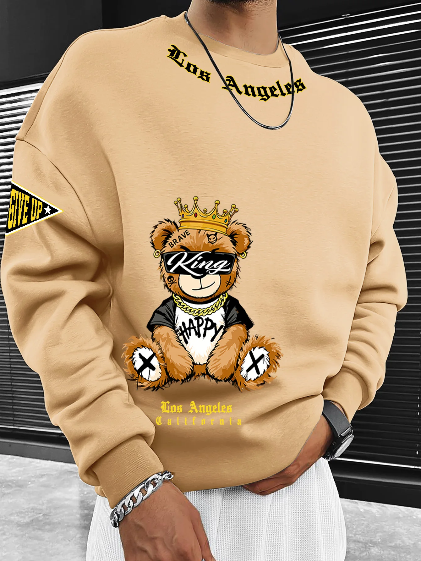 Herren Oversized Sweatshirt mit überschnittenen Schultern, Crown Teddy Bear Los Angeles Textprint Streetwear – Detail 6