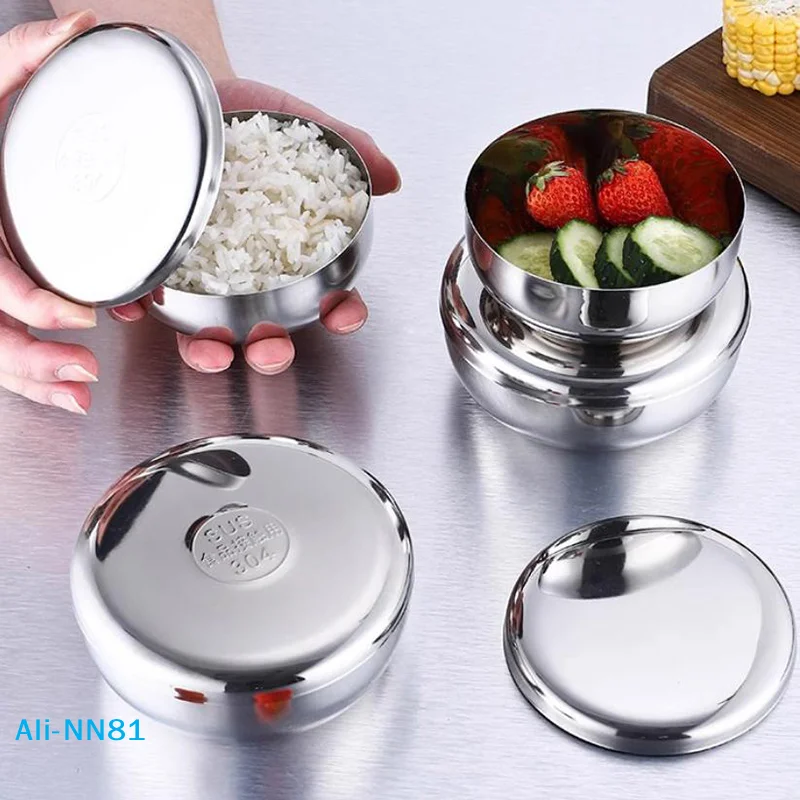 【N】Stainless Steel Bowl Korean Big Cooked Rice Bowl With Cover Single Layer Steamed Rice Bowl Child Anti-Scalding/fall Tableware