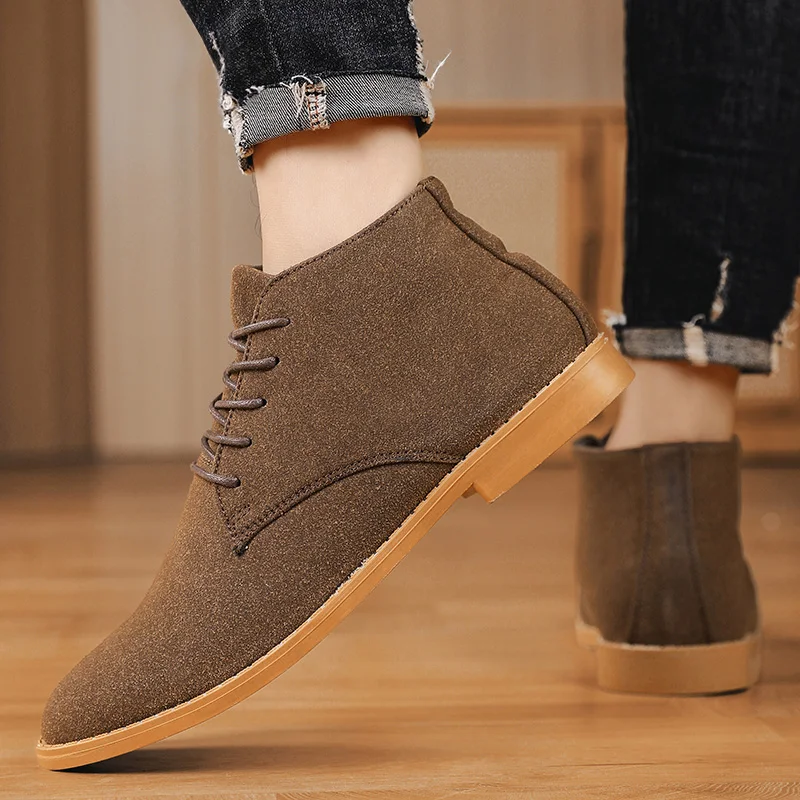 Classic Suede Men Chelsea Boots Lace Up Ankle Boots Plus Size 38-46 Autumn Footwear For Male Hombres Botas Medium High Top Shoes