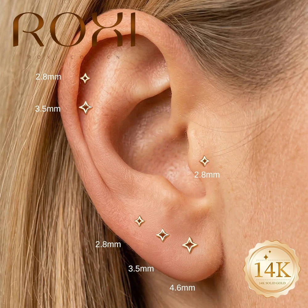 ROXI 1PC 5/6/8mm 14K Solid Gold Plain 4-Pointed Star Flat Back Piercing Studs, Hypoallergenic Earring for Women