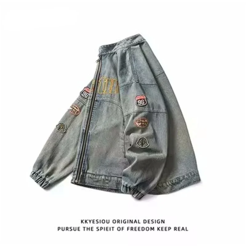 American Retro Fashion Patch Embroidery Zipper Denim Jacket Men 2026 New Spring High Street Motorcycle Loose Jeans Jackets Men