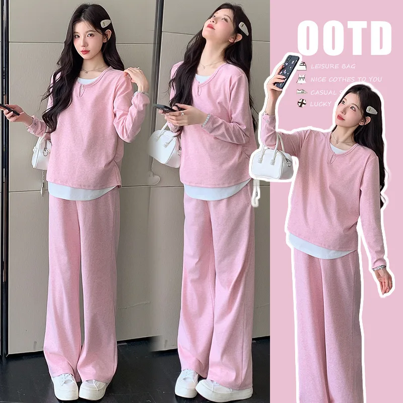 

2025 спортивный наряд для беременных, осенняя двухслойная толстовка с широкими брюками, молодежный комплект из двух предметов для беременных, удобный