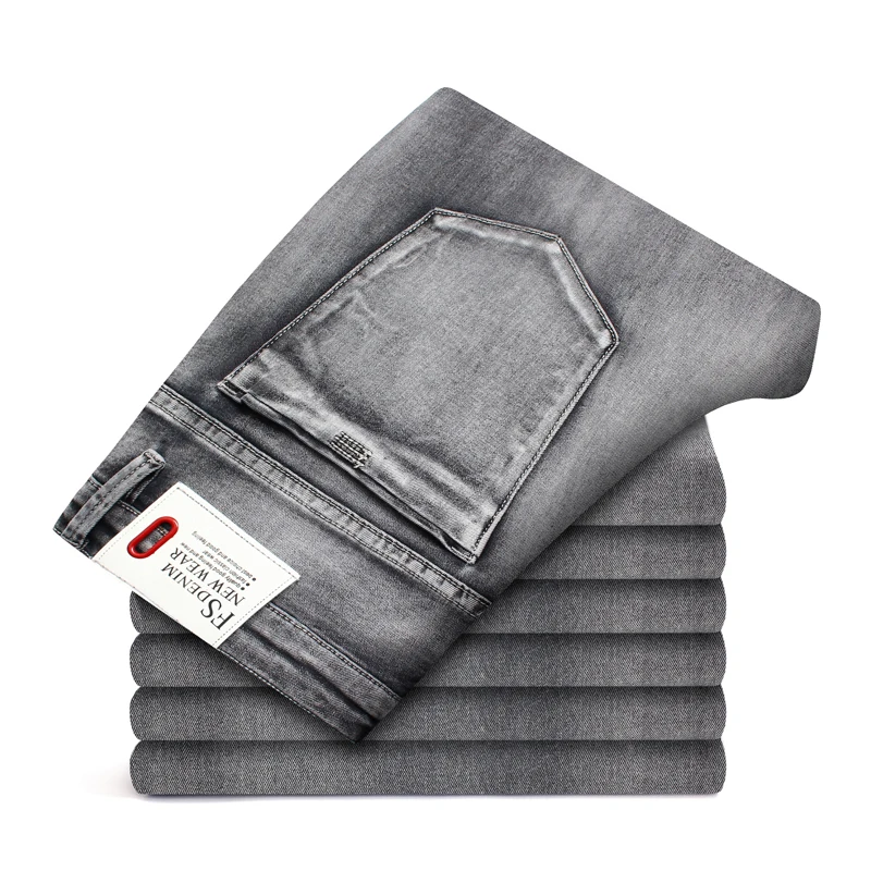 Vaqueros grises para hombre, otoño 2025, nuevo estilo clásico, pantalones vaqueros elásticos informales de negocios, pantalones vaqueros ajustados para jóvenes de corte Regular clásico elegante