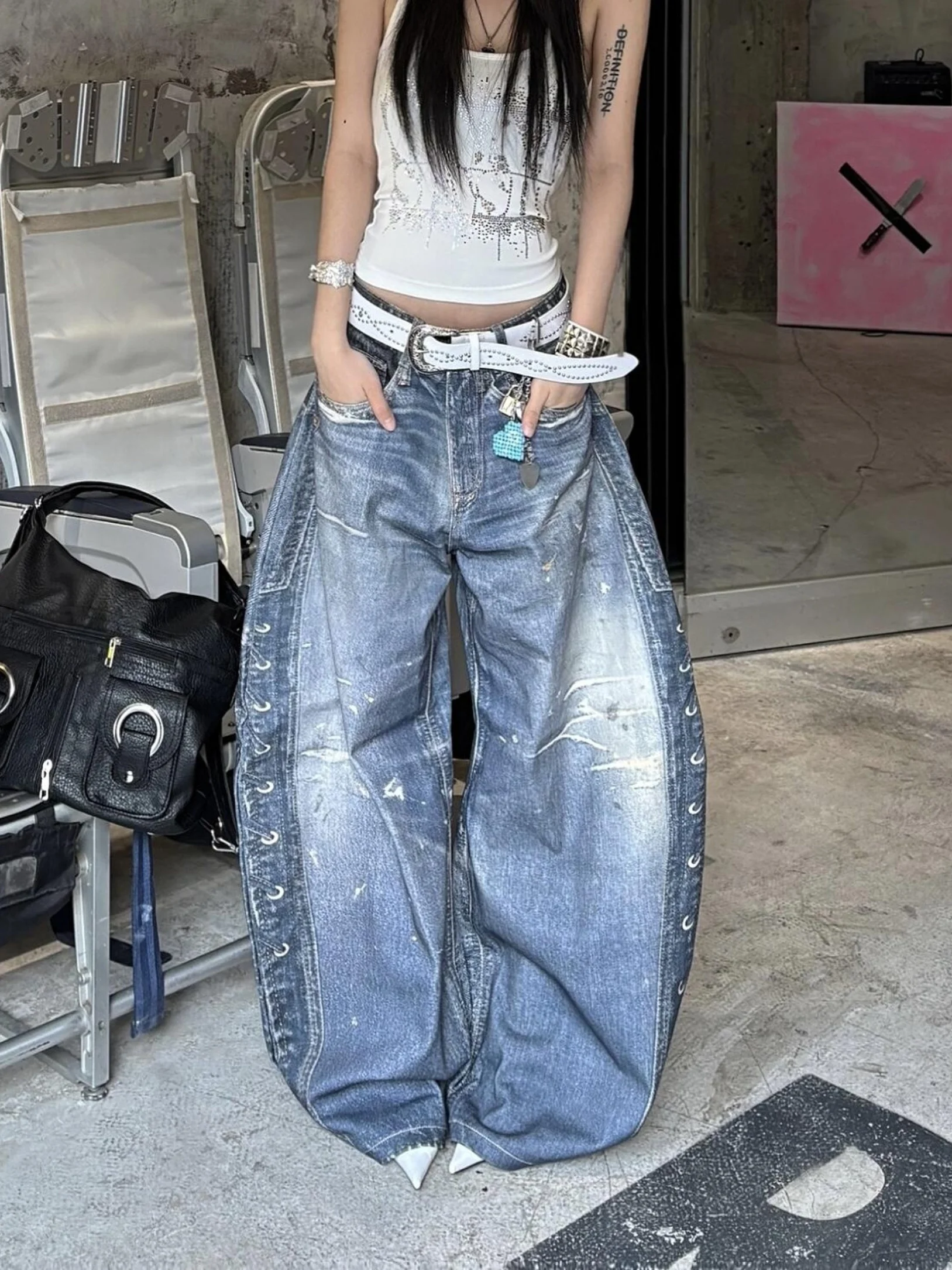 

Джинсы женские свободного кроя с широкими штанинами в американском стиле, весна-осень, темный цвет