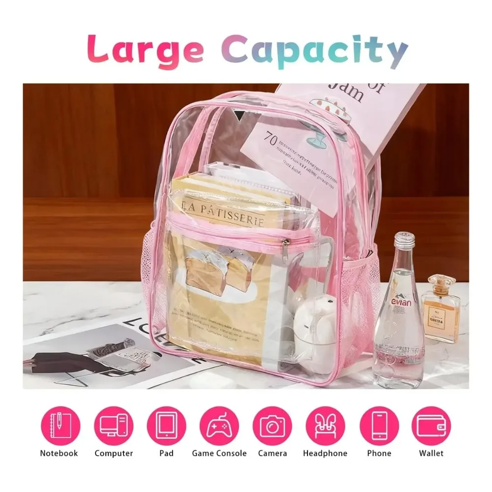 Clear Transparent Pvc Backpack Large Capacity Air Cushion Strap Waterproof Wear Resistant Unisex Kids School Bag For Travel Use