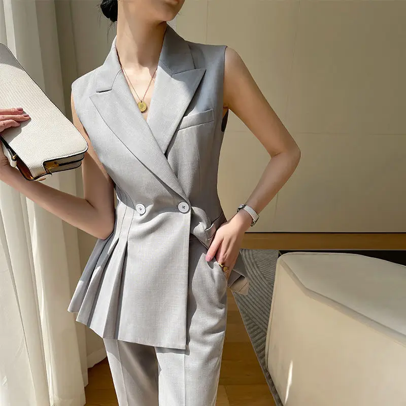 

​​Sleeveless Blazer Suit Set Women Summer Lightweight Korean Designer Tailored Vest Elegant Goddess Office Chic​​