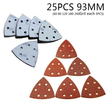 25Pcs 93mm 60/80/120/180/240Grit 삼각형 샌딩 패드 종이 세트 6 먼지 추출 구멍 진동 Multitool