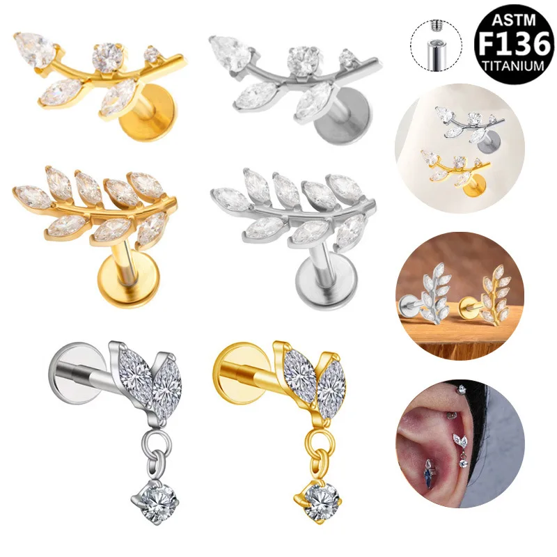 G23 Titanium Internally Threaded Piercing Earring 16G Zircon Flat Back Helix Cartilage Piercing Stud For Women Piercing Jewelry