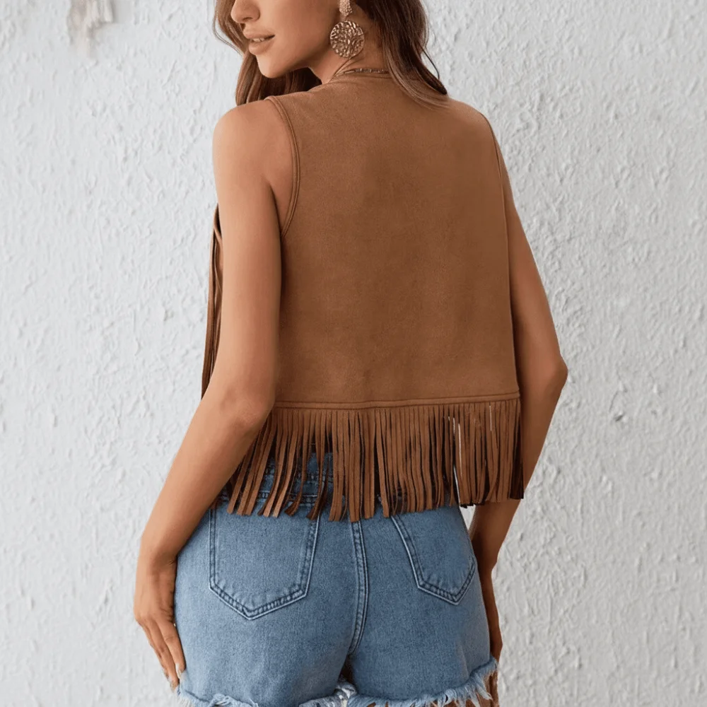 Fashionable Retro Fringed Vest Black/Brown Open Front Western Jacket Rivet Detailing Sleeveless Vest for Women