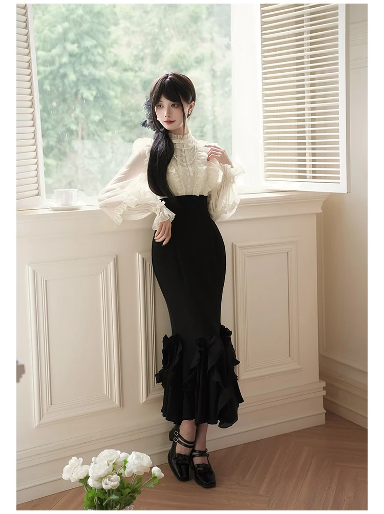 Original French Elegant Fake Two-Piece Patchwork Mermaid Dress Op Autumn Girl's Woman's Slim Fit Long Sleeve Long Princess Dress