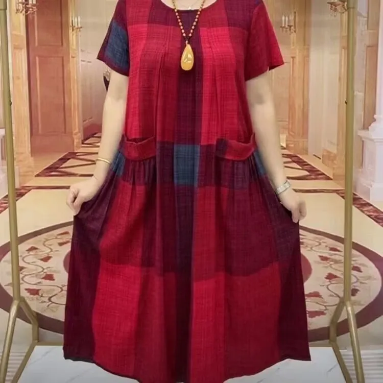 Summer Large Size Cotton Linen Plaid Double Pocket Dress for Women over 50 mid Length Loose Fit plus Size Fashionable Materni...