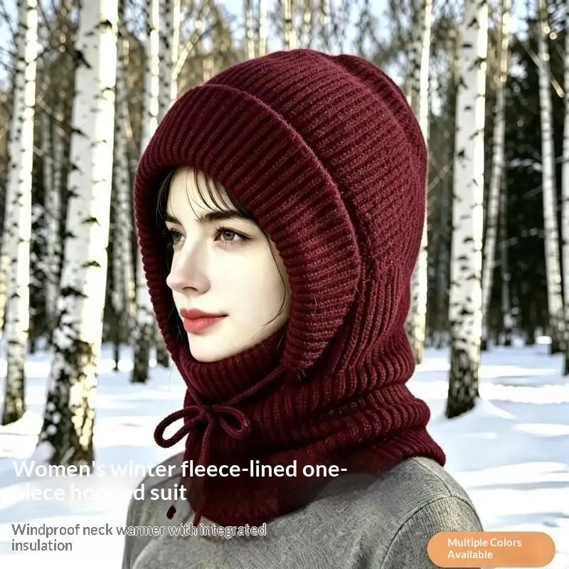 Womens Winter Fleece Lined Knitted Hood: Scarf Windproof Warm Adjustable Drawstring Skiing Hiking