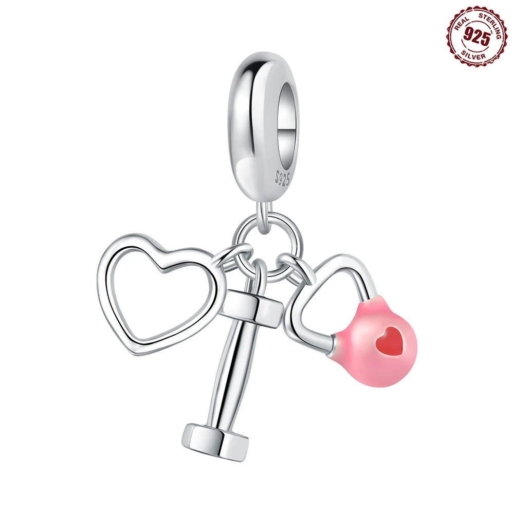 Heart Lock Key Hammer Dangle Charm 925 Sterling Silver Love Lock Bead Symbol of Cherish Love Fit Bracelet DIY Jewelry Gift
