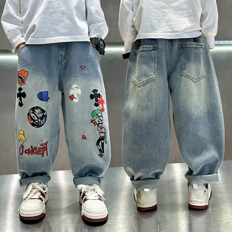 Spring Kids Retro Blue Jeans with Cartoon Print For Boys Casual Loose Straight Fit Denim Pants Child High Waist Jeans Trousers