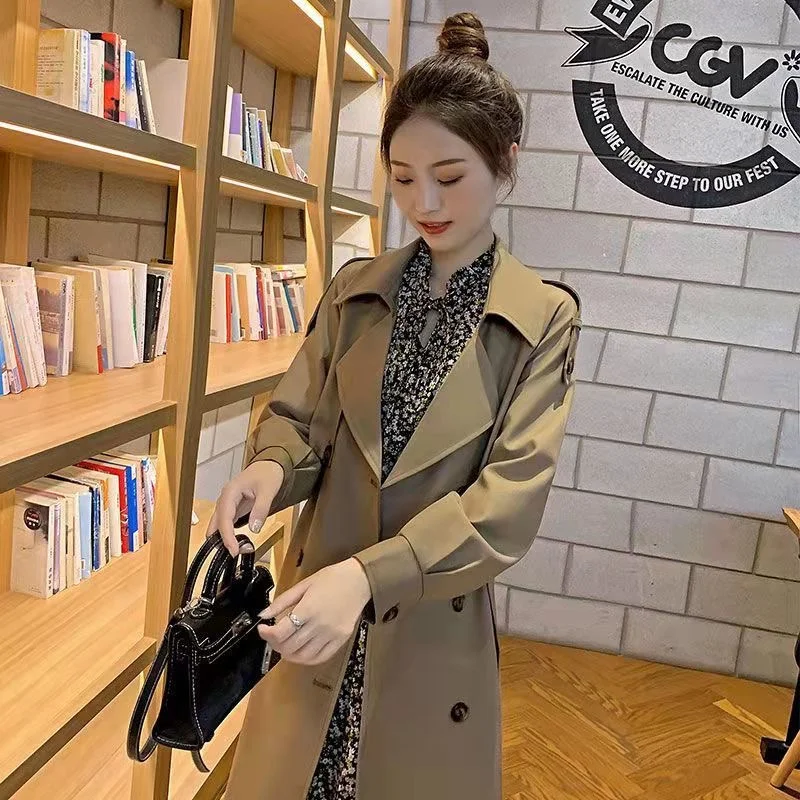 Women's trench coat in long khaki 2024 this year's popular autumn high-grade temperament slimming over the knee coat clothing