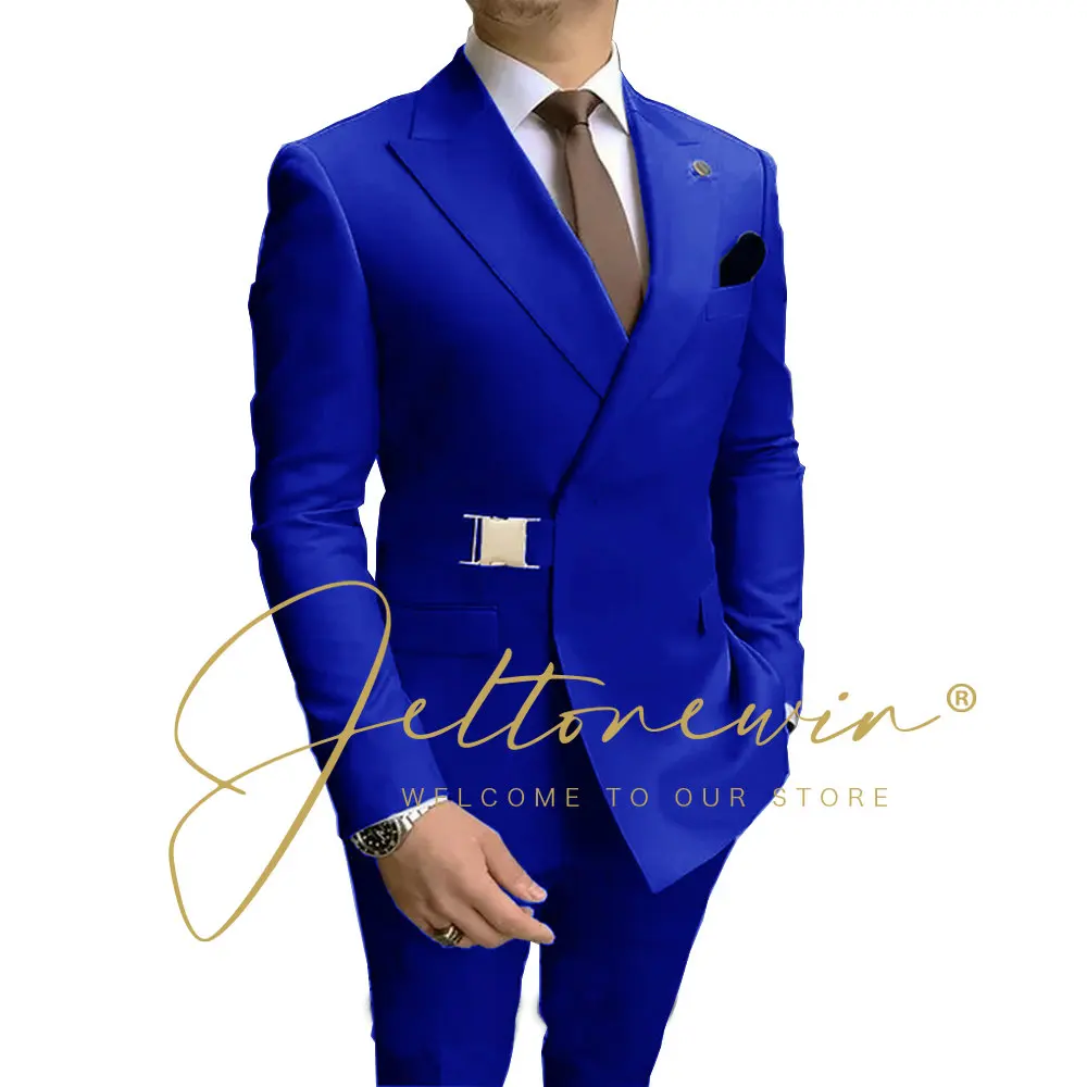 Royal Blue Double Breasted Men Suit Gold Metal Buckle 2 Pieces (Jacket+Pants) Outfits Casual Party Prom Wedding Set