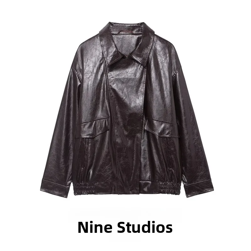 

Casual Loose Zipper Decorated PU Leather Jaet Coat Nine Zar Women's Faion Turn-down Collar Long Sve Regular Length