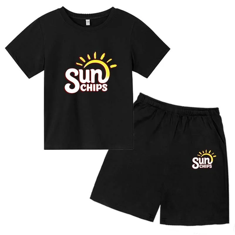 Funny Sunchips Print Kids Summer Sweat-wicking O-neck Tees+Shorts 2Pcs Suits 2-13 Years Boys Girls Casual Outfits Children Sets