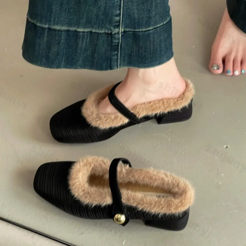 

Women's Elegant Shallow Mouth Casual Hairy Mary Jane Shoes 2025 Winter Fashion Versatile Plush Comforatble Coarse Heel Slippers