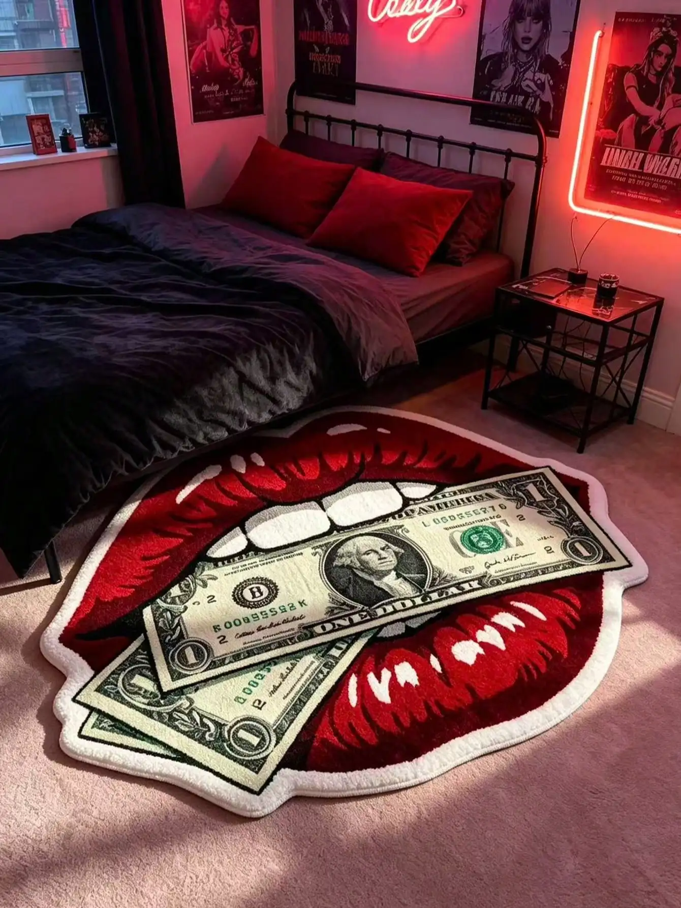 1pc Cool Red Lips Biting Dollar Bill Velvet Rug, Decorative Carpet, Bedroom Decor, Small Rug, Carpet, Home Decor, Living Room Rug, Living Room Small Rug, Bedroom Rug, Living Room Home Decor, Outdoor Rug, Washable Carpet