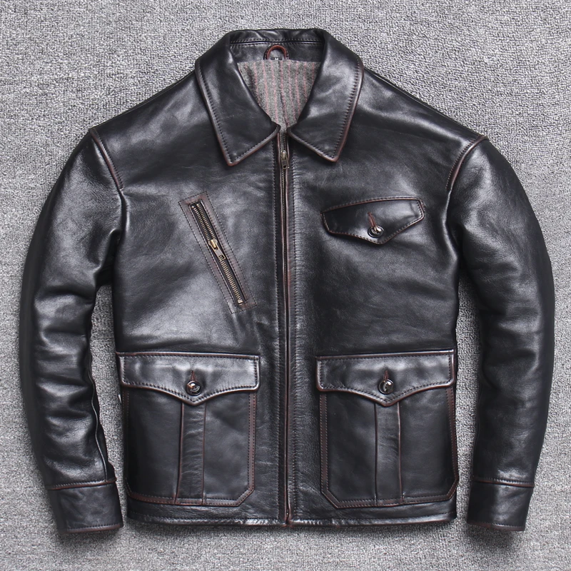 

Мужская повседневная приталенная куртка из натуральной кожи в стиле ретро для мотоциклистов и скаутов, с множеством карманов, модная городская зимняя модель