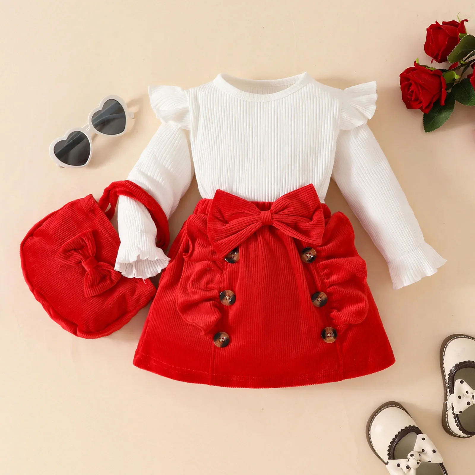 2025 Spring New Girls Clothing Set  Ruffle Sleeve Blouse And Red Skirt +Bow Bag  3 Pcs Girls Dress Suit