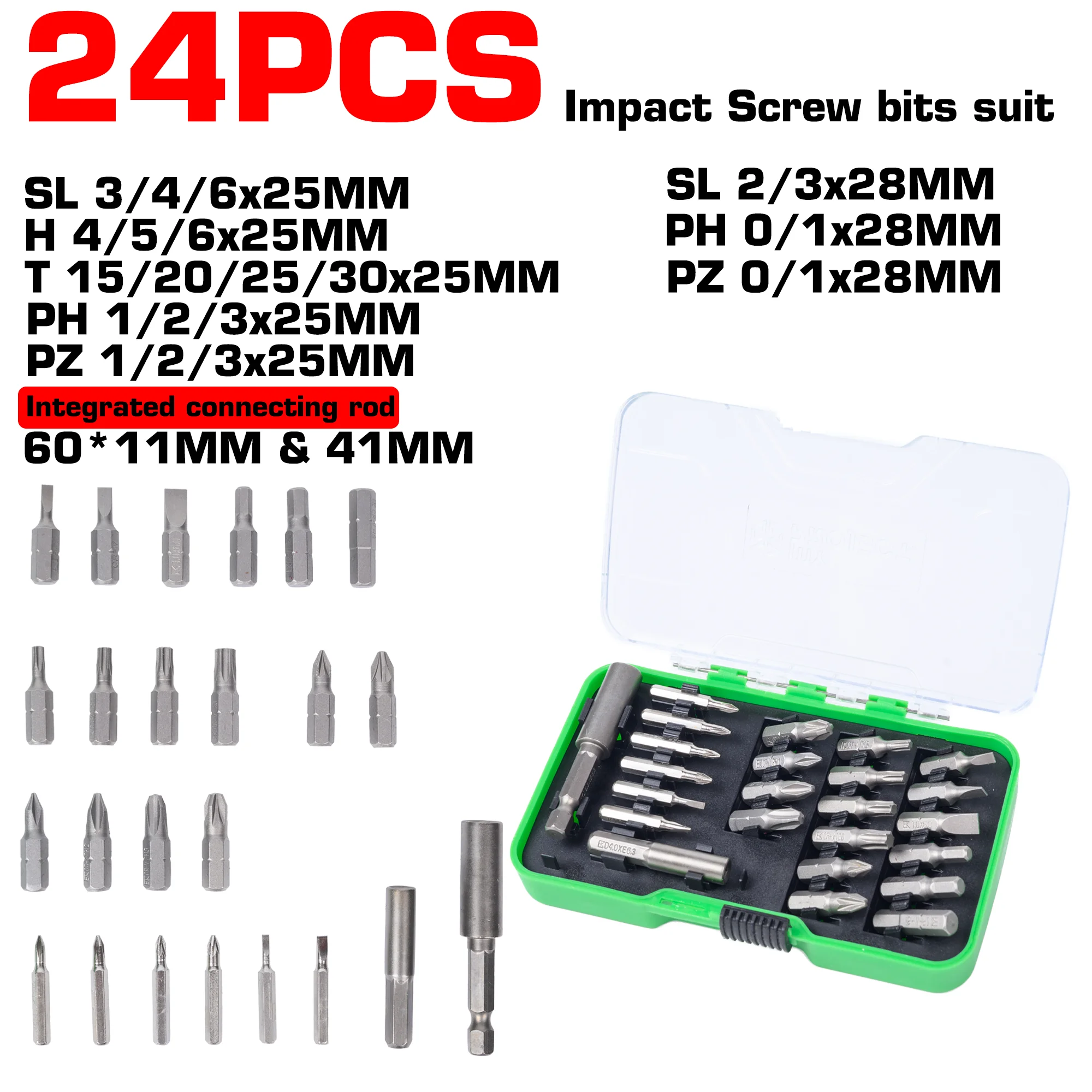 

24Pcs 25/28mm S2 Industrial Steel Screwdriver Set, Including Hex, Star, Phillips, and Flathead Bits, with One 60mm and One 41mm Extension Rod, in a Green Case with a Stylish and Attractive Design