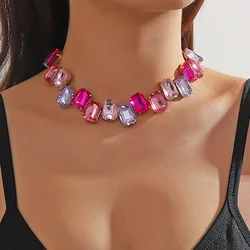 FYUAN Luxury Square Pink Colorful Crystal Choker Necklaces for Women Geometric Clavicle Chain Necklaces Party Wedding Jewelry
