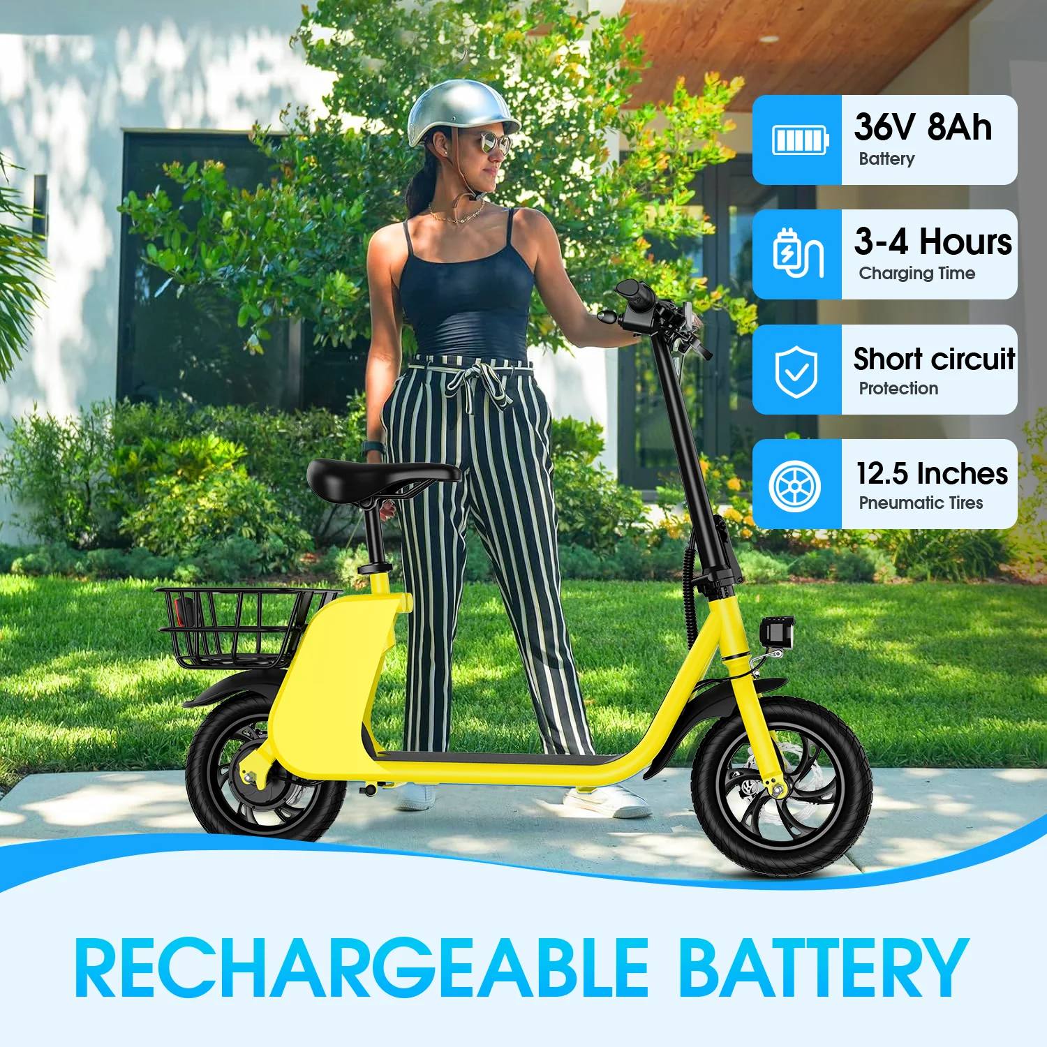 450W adult electric scooter 15.5mph, with seat and shopping basket, suitable for female electric scooters for urban commuting