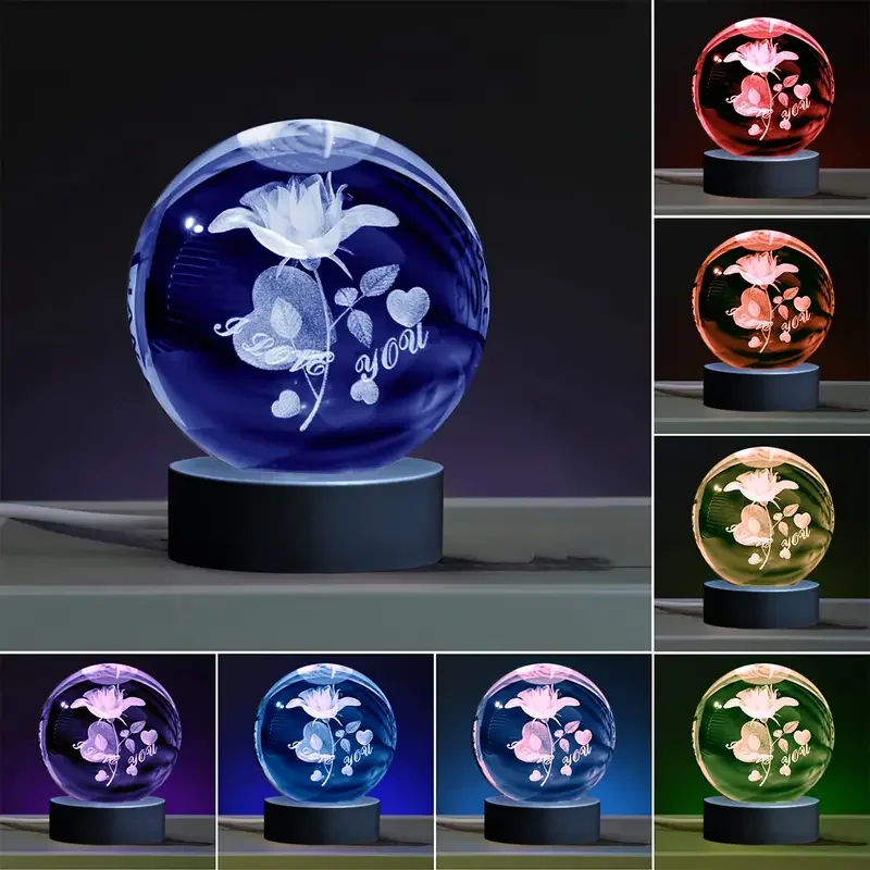 1pc 3D Rose Crystal ball colored nightlights, holiday gifts for girlfriends, wives and friends, interior and home decor