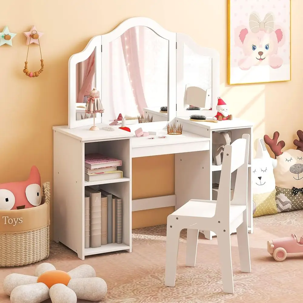 

White Wooden Toddler Vanity Set with Detachable Tri-Fold Mirror, Storage Shelves, and Chair