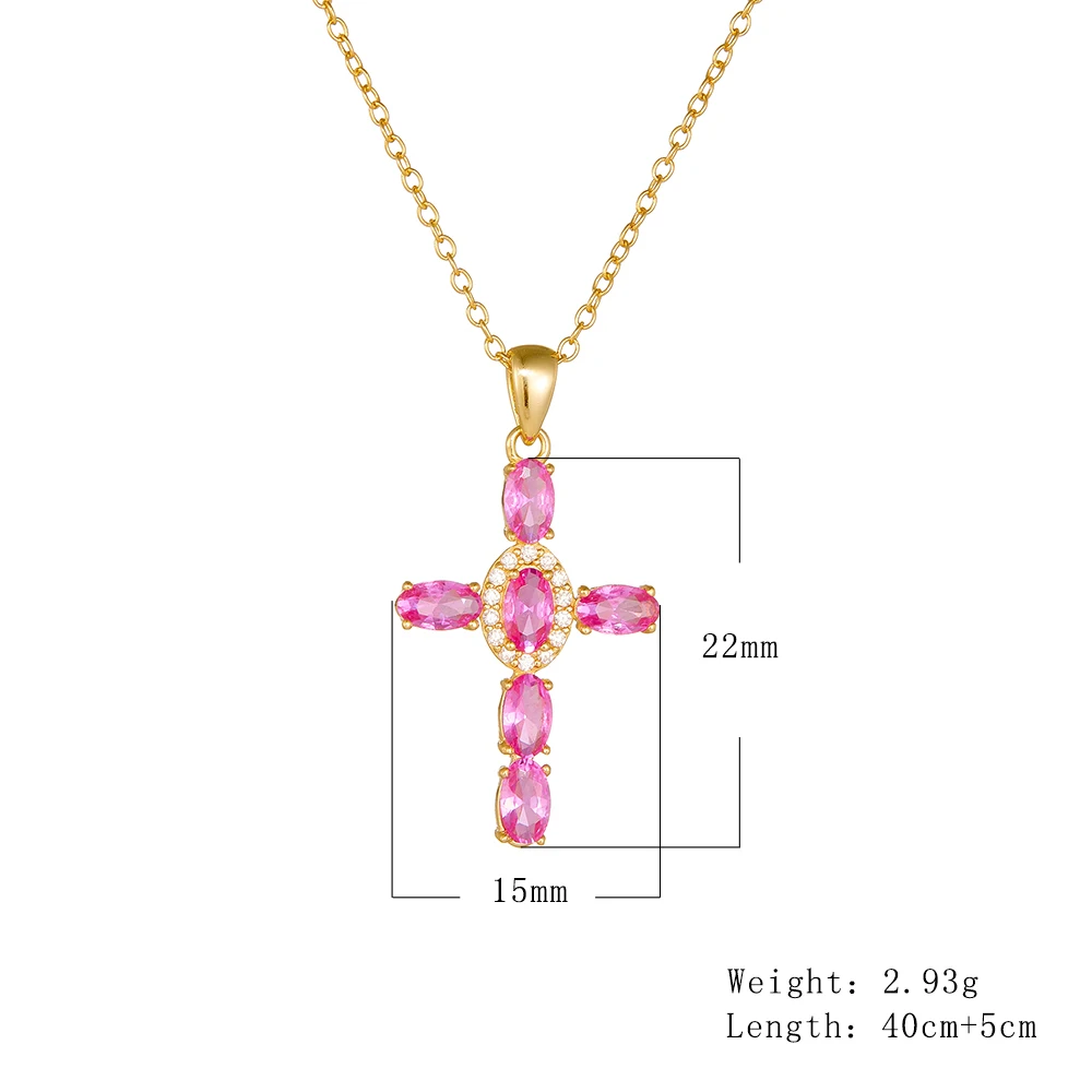 925 Sterling Silver Oval Pink Zircon Halo Cross Pendant Cable Chain Necklace Women Faith Christian Colorful Dainty Jewelry