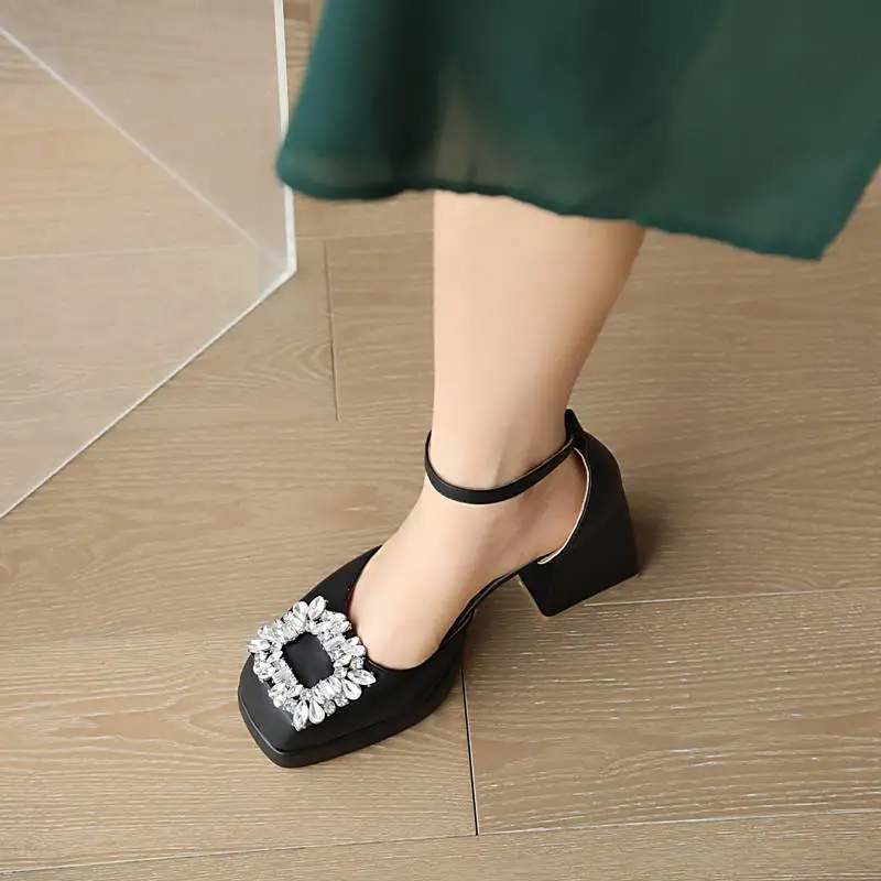 ORCHA LISA Design Ladies Pumps Square Toe Chunky Heels 9cm Platform 2cm Buckle Strap Rhinestone Plus Size 44 45 46 Sweet Shoes