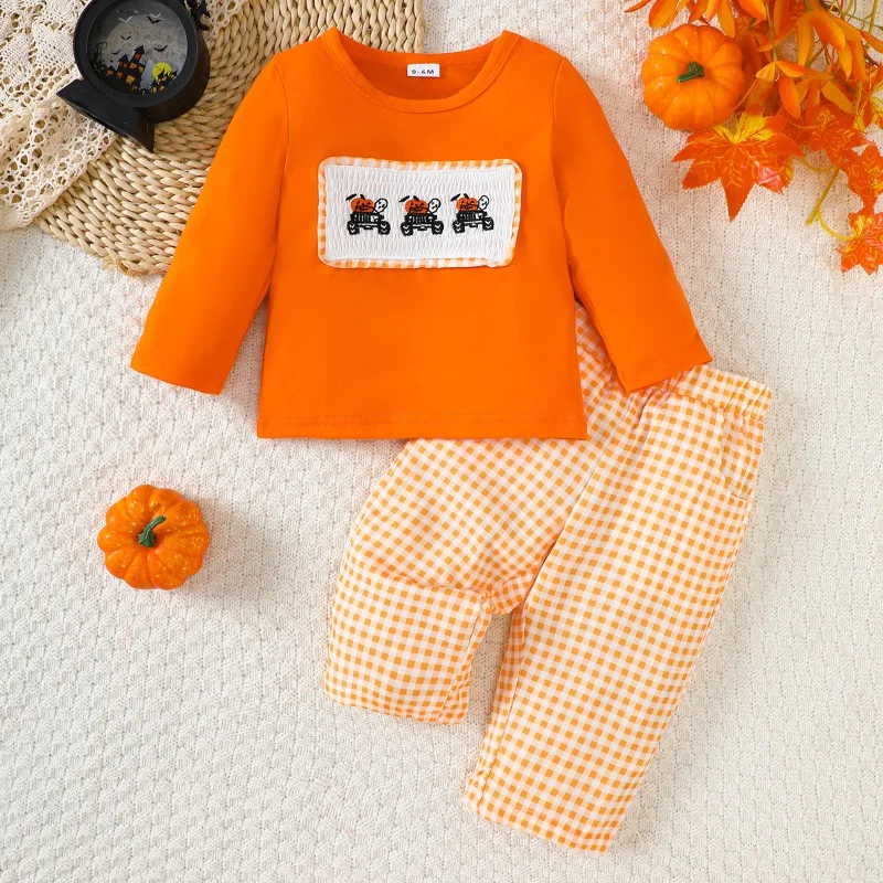 Toddler Baby Boys Girls Fall Outfit Long Sleeve Shirt With Pumpkin Patch And Gingham Pants Set 0 36M