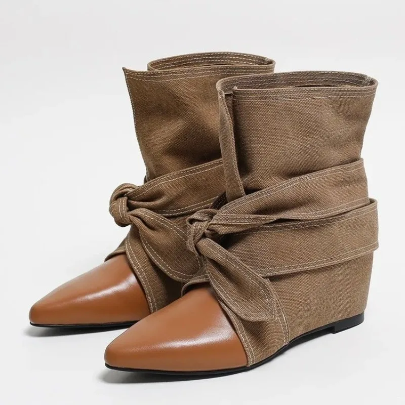 Vintage Patchwork Bowknot Women Ankle Boot Pointed Toe Internal Elevation Shoes 2027 Spring Autumn Casual Short Botas Mujer