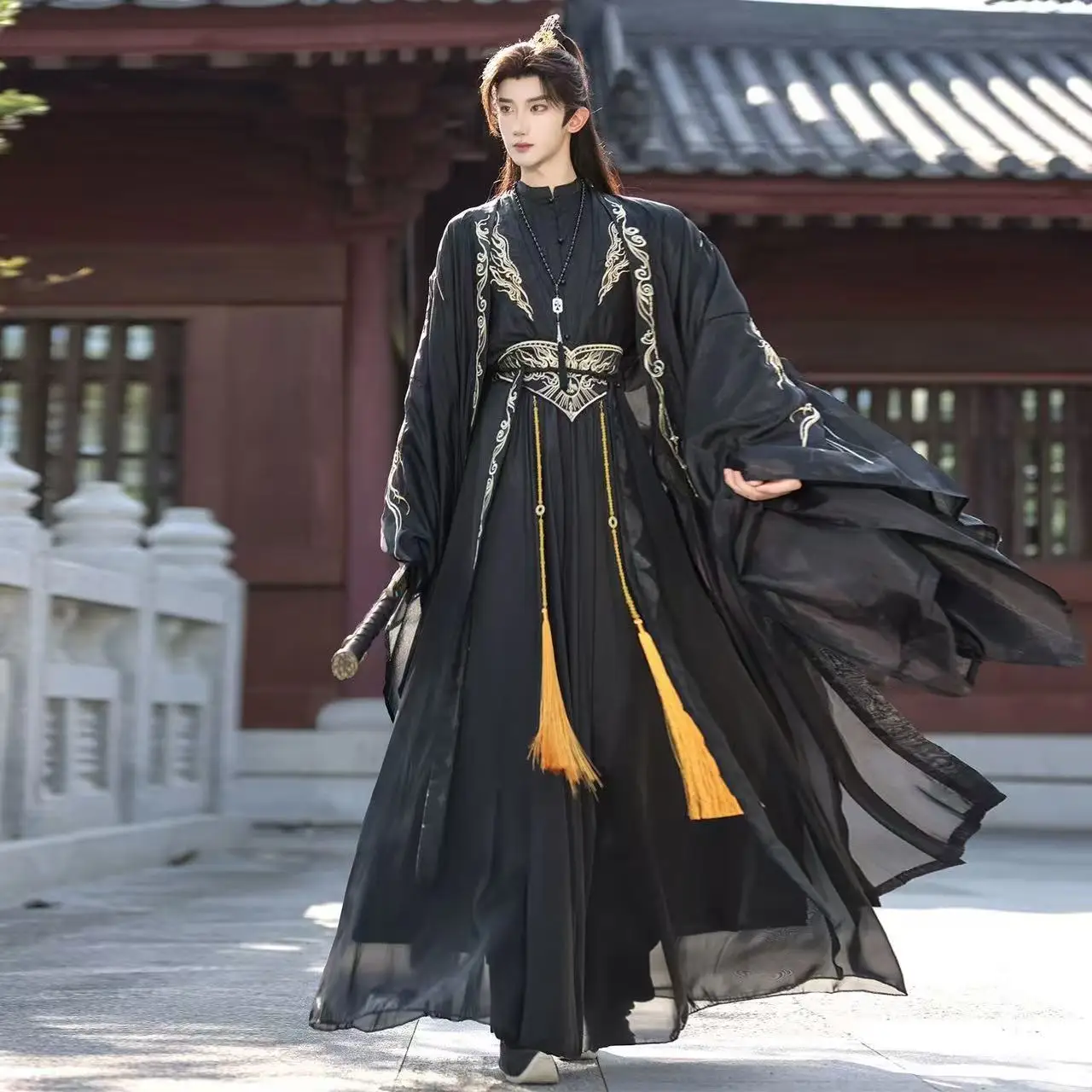 Traditionelle chinesische Kleidung, Nische, Stehkragen, Stickerei, lange Robe, Halloween, Wuxia, Cosplay-Kostüm, cooles schwarzes Herren-Hanfu