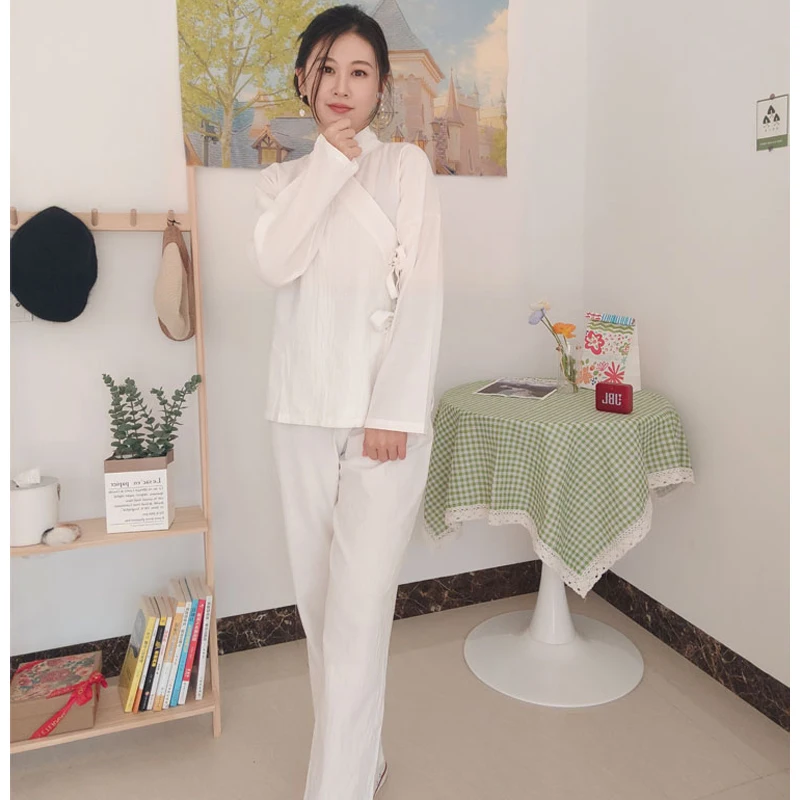 2 Piece Set Clothes Outfit Hanfu White Tops And Pants Men And Women Sleepwear Suits Innerwear Chinese Style Ancient Tang Dynasty