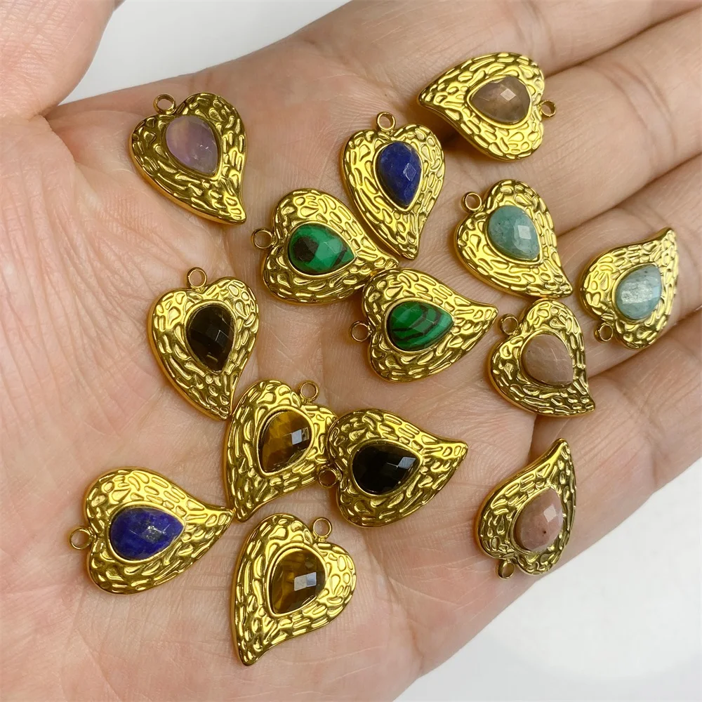

2pcs 15*18MM Inlaid Natural Lapis Lazuli Tiger Eye Stone Heart Shape Pendant Charms Accessory DIY Retro Necklace Jewelry