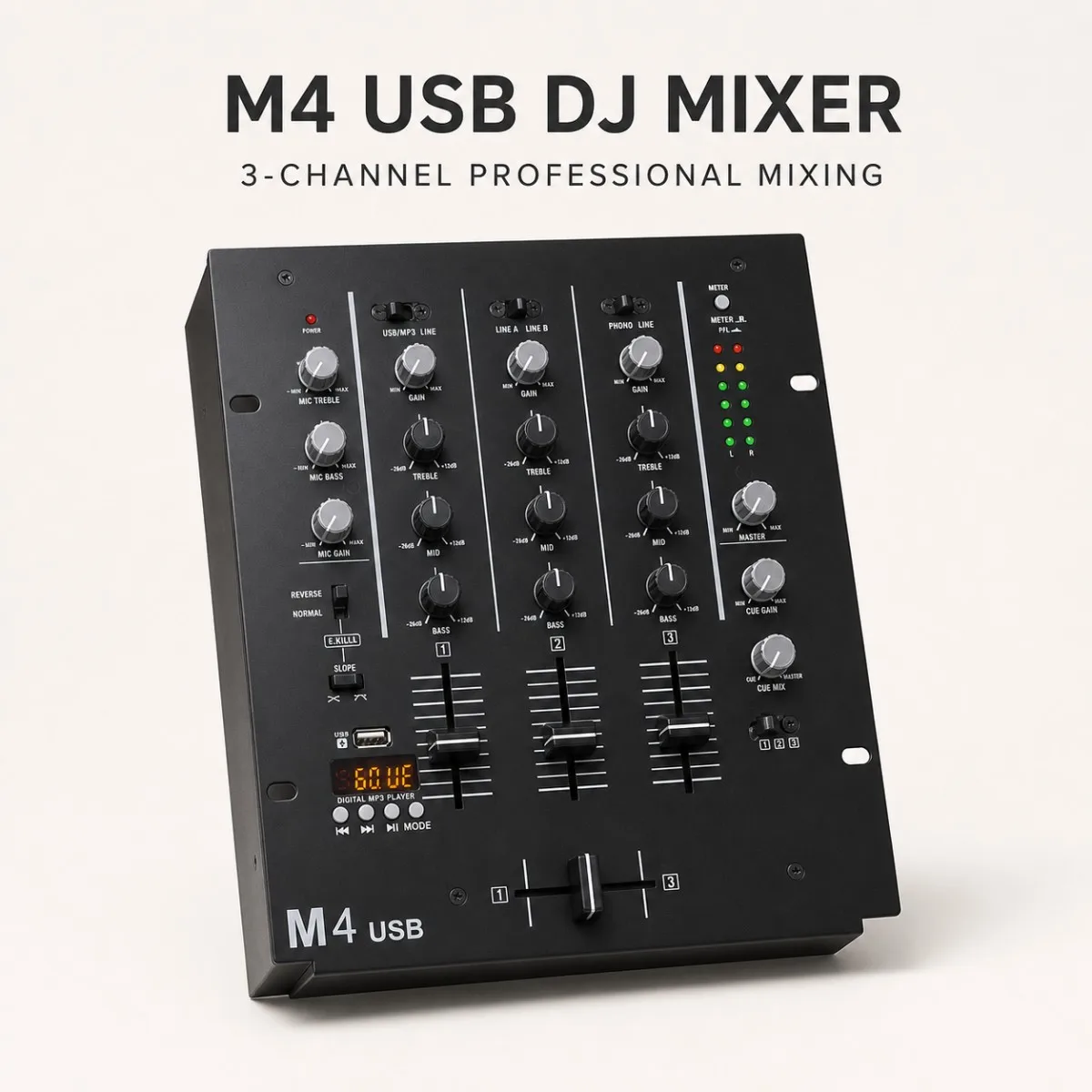 Console de mixage DJ professionnelle M4USB à 3 canaux avec lecteur USB/MP3, lecture Bluetooth, égaliseur 3 bandes et monitoring casque pour mixage DJ et soirées.