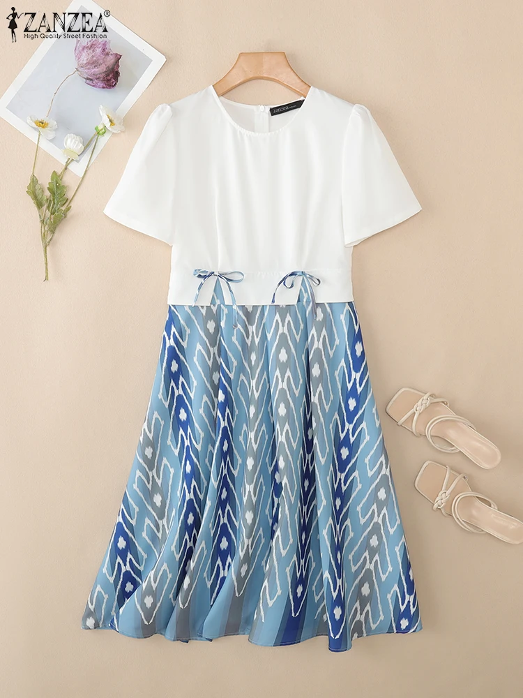 2025 zanzea moda verão vestido de verão feminino elegante festa trabalho vestido retalhos midi vestidos o pescoço manga curta vestidos impressos