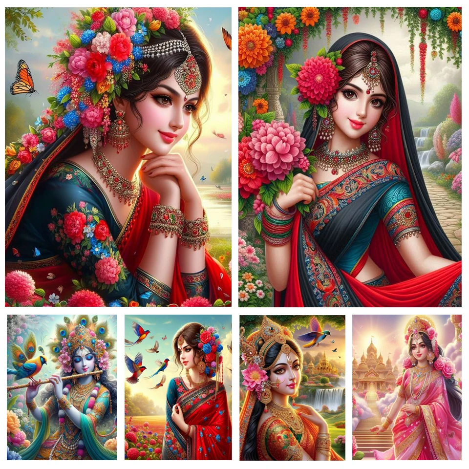 5D Diamond Painting India Woman Flowers Cross Stitch Diamond Embroidery Portrait Mosaic Picture of Rhinestones Home Decoration