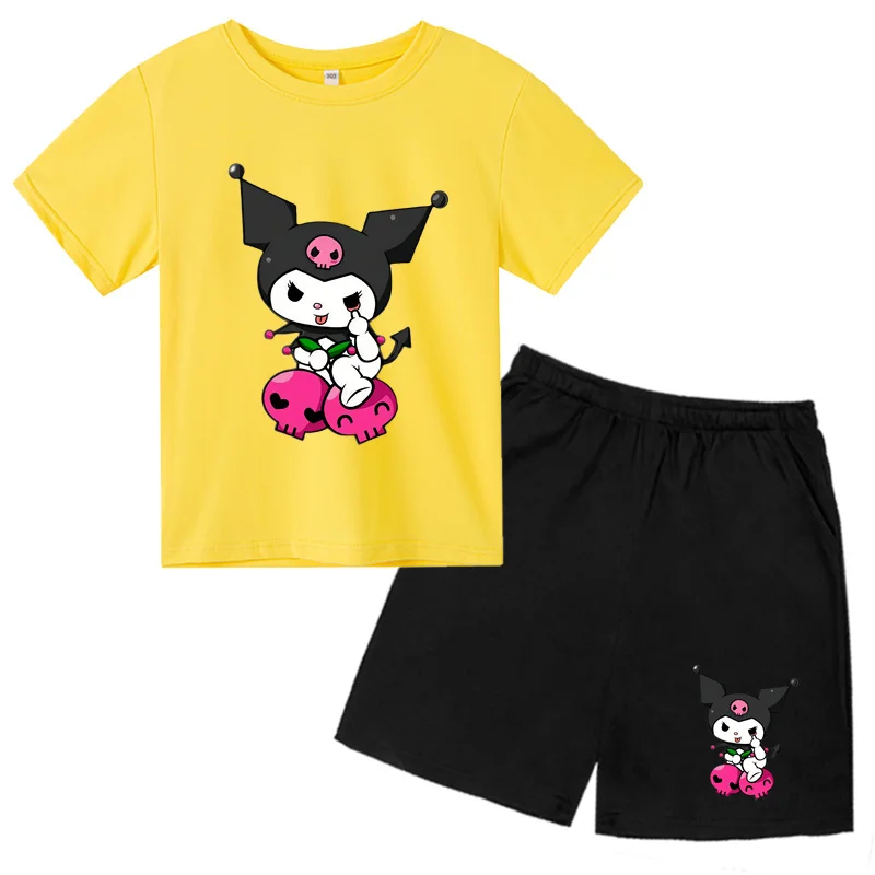 Kids hot selling T-shirt Sanlio anime printed casual sports two-piece set for boys and girls aged 2-12, short sleeved top+shorts