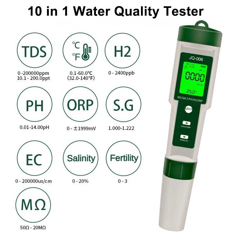 

10 in 1 Water Quality Monitor PH/EC/TDS/ORP/H2/Fertile/Salinity/S.G/Resistivity/Temp Multifunction Tester for Aquariums Pools