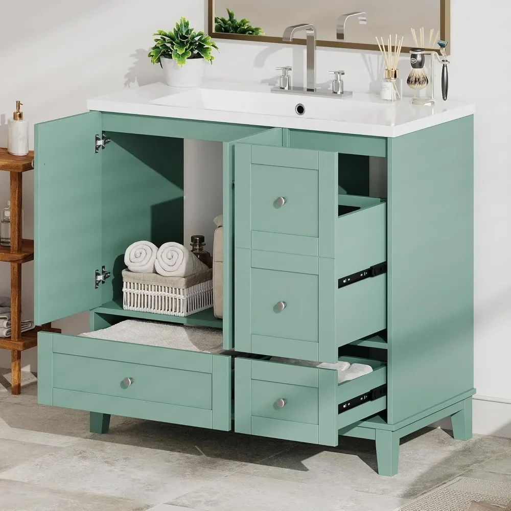 36" Modern  with USB Charging, Two Doors and Three Drawers , Small Bathroom Vanity Cabinet with Single Sink, Green