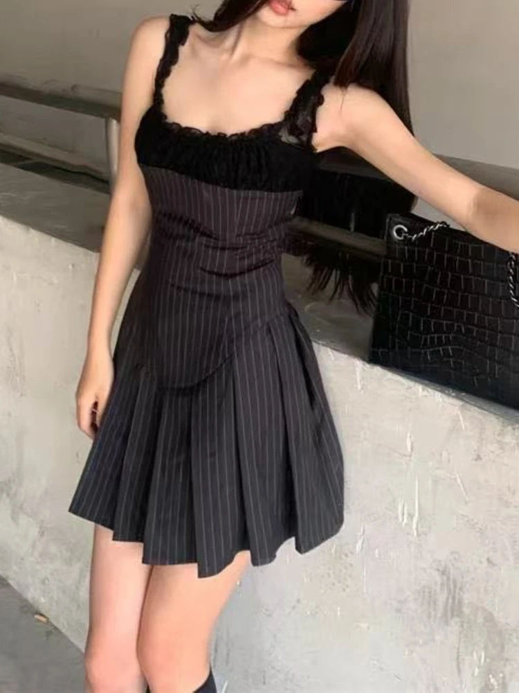 Vintage Stripped Lace Pleated Strap Women's Summer Dress Y2k American Mini Dresses Fashion Chic Sleeveless Streetwear Clothing