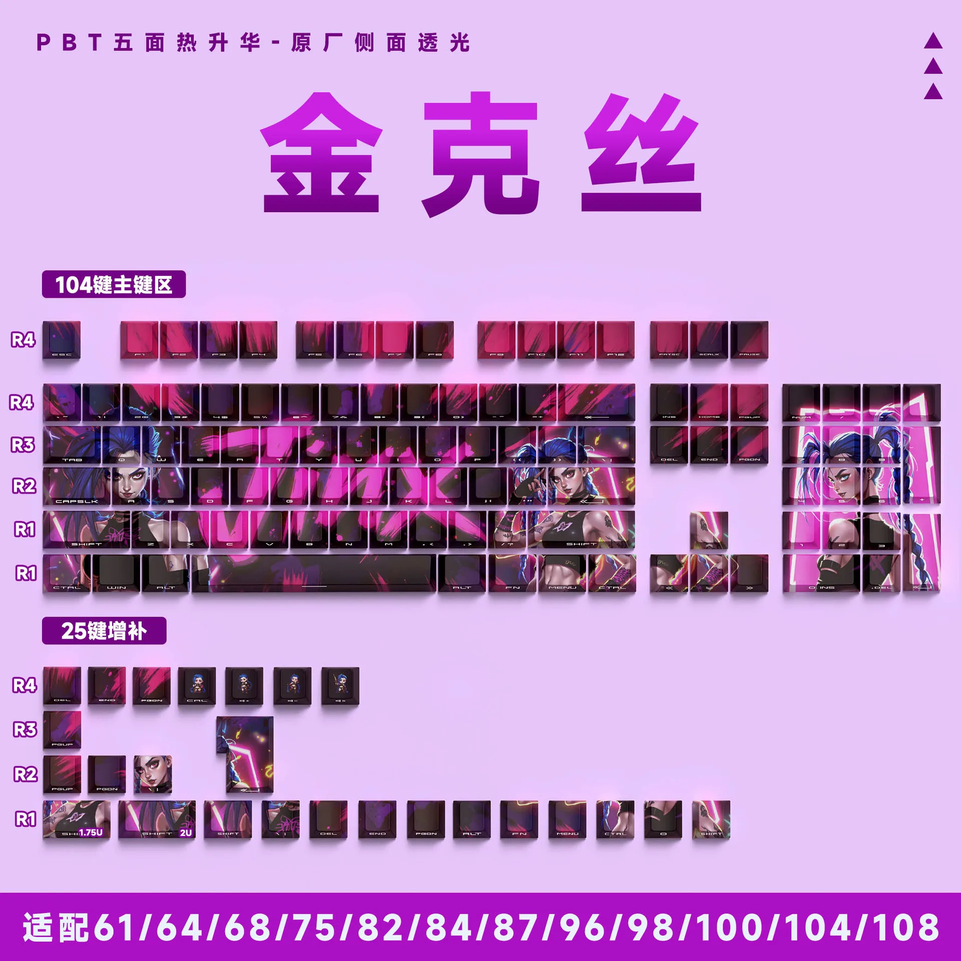 NEW LOL 아케인 징크스 테마 애니메이션 키캡 기계식 키보드 체리 PBT 커스텀 키캡 측면 각인 반투명 게임 귀여운 선물