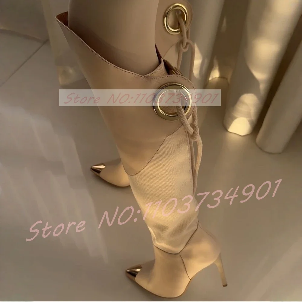 Beige Splicing Gold Toe Knee-High Boots Women Chic Metal Ring Lace-Up Pointed Toe High Heels Female Luxury Winter Events Boots view 4