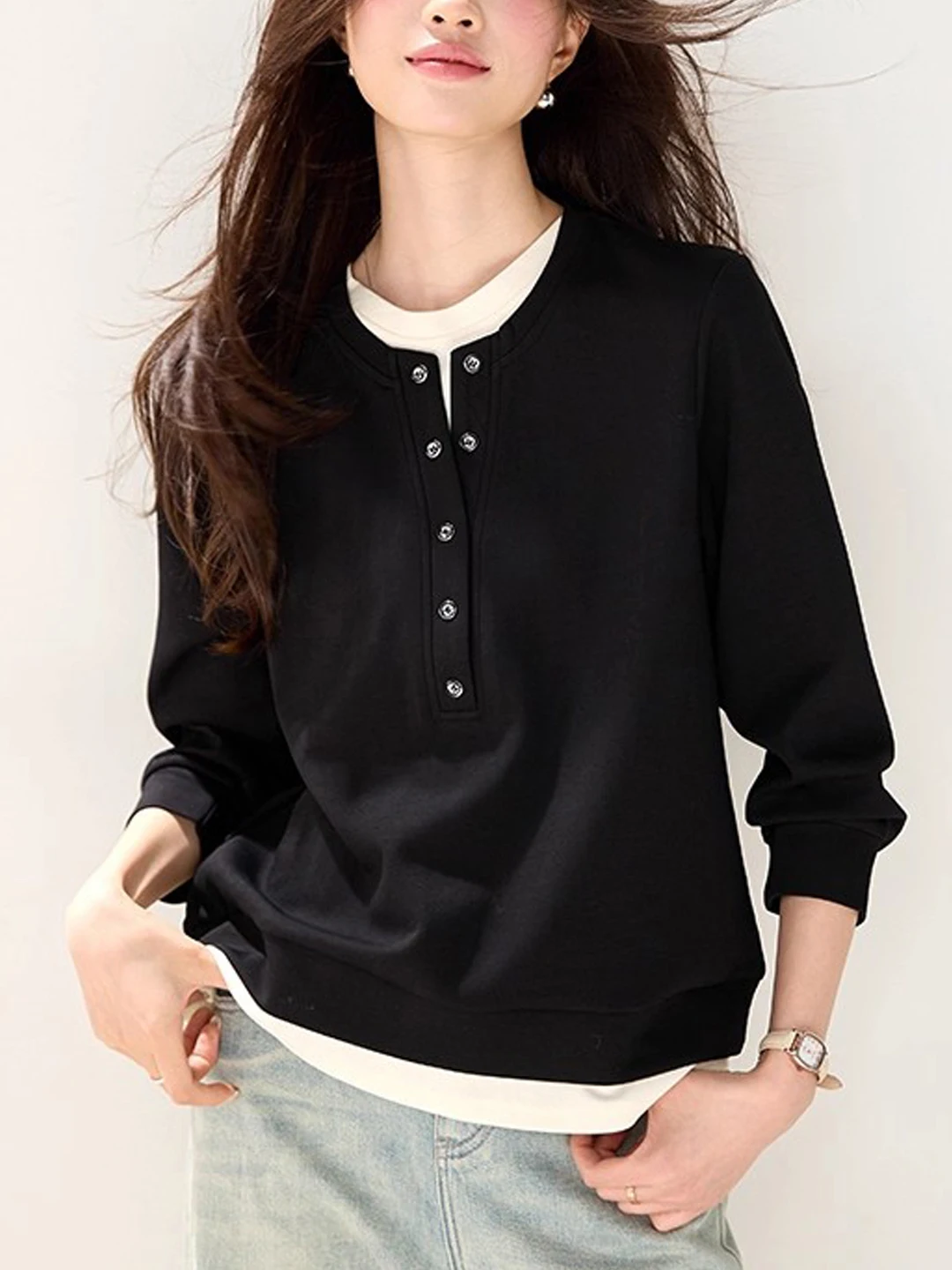 

Женская модная толстовка Fenixuan Bla свободного кроя с круглым вырезом и капюшоном, новинка осени 2025, с длинным рукавом, цельная модель